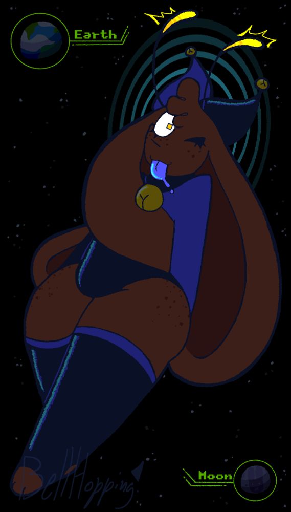 drawing of my sona, bunnyhop (it/she)

here she floats in deep space, using her antennae to blast critical information into your brain. the earth and moon rest in the background as well, with their names being annotated on top