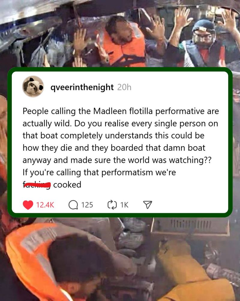 Bakgrunnsbilde med noen av aktivistene fra Madleen i redningsvester med armene i været, og en tekstboks over med en skjermdump fra en post på sosiale medier, fra kontoen qveerinthenight. Teksten sier: "People calling the Madleen flotilla performative are actually wild. Do you realise every single person on that boat completely understands this could be how they die and they boarded that damn boat anyway and made sure the world was watching?? If you're calling that performatism we're ... cooked".