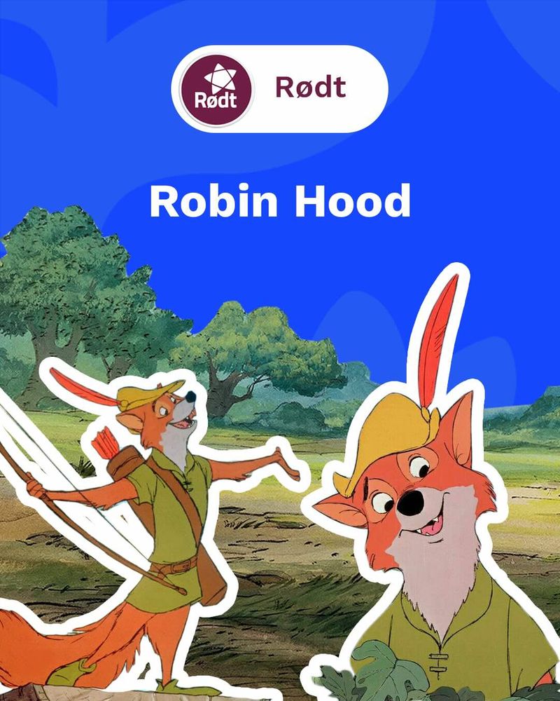 Tegning av Robin Hood, og logo og tekst øverst i bildet: Rødt