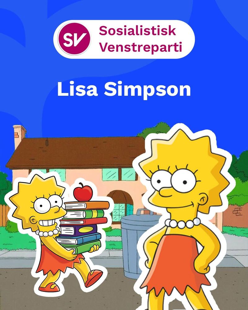 Tegning av Lisa Simpson, og logo og tekst øverst i bildet: Sosialistisk Venstreparti