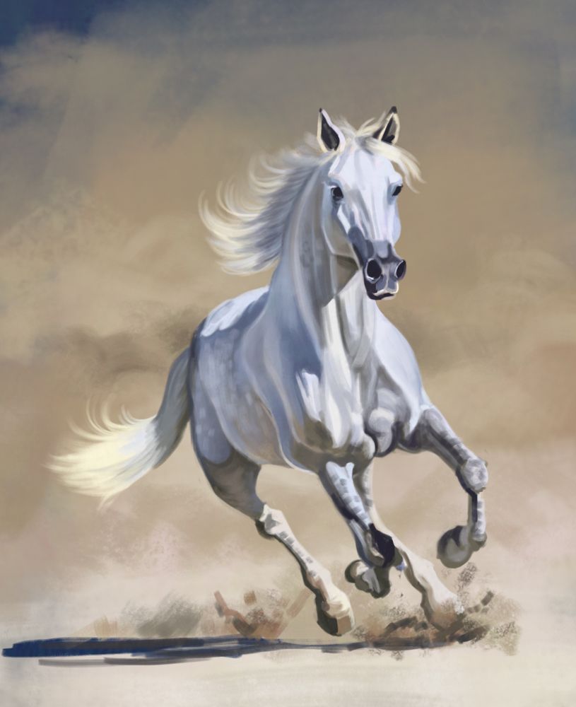 Digital painting of a white horse running through sand