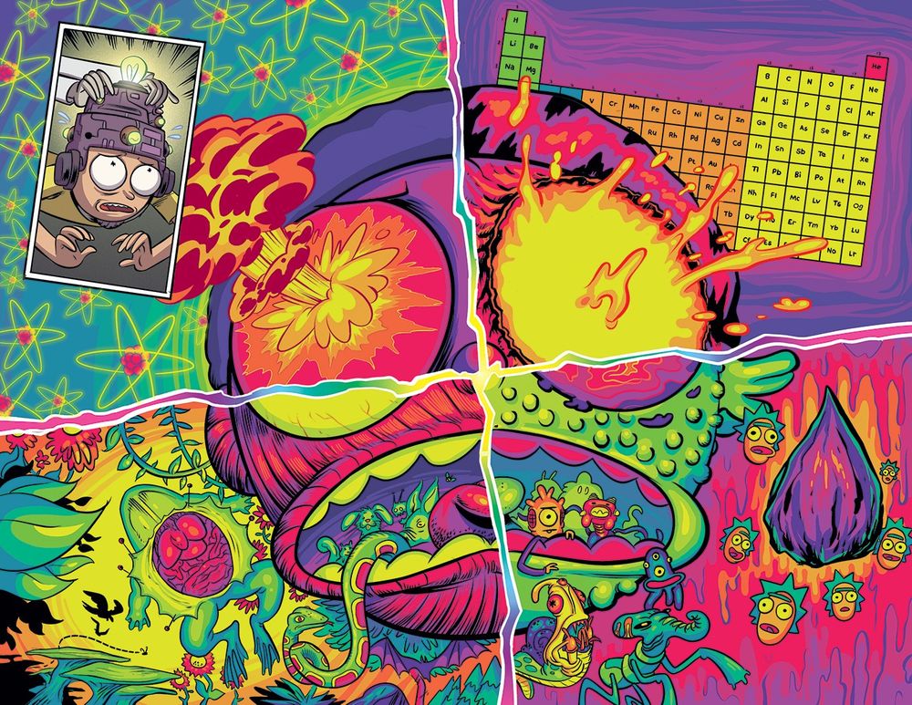 Comic book illustration of Morty from Rick and Morty as he experiences hallucinogenic visions of various scientific studies. 