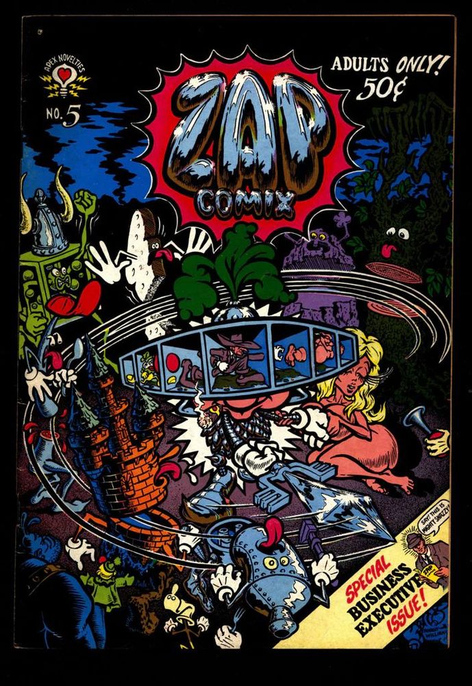 The cover of Zap Comix, showing a whirl of sexual, surreal, and drug-related imagery. In the corner, the label reading 'Special Business Executive Issue!' shows a businessman reading the magazine and saying 'Say! This is mighty snazzy!'