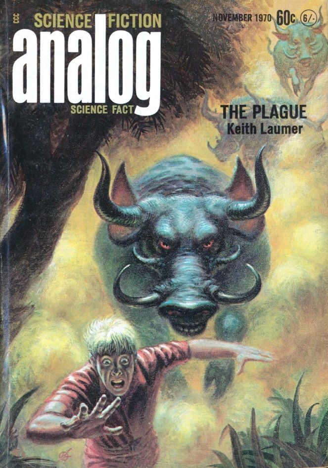 Colour cover of Analog Science Fiction Science Fact November 1970.  The cover illustration is of a white man fleeing through a forest in terror closely pursued by a creature resembling a blue warthog with the size and horns of a bull, and the story advertised on the front is Keith Laumer's 'The Plague'.