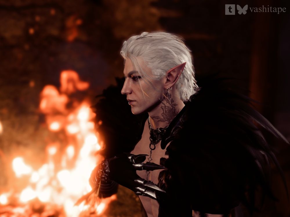 Screenshot from Baldur's Gate 3 showing Astarion in a fancy outfit in front of a fireplace