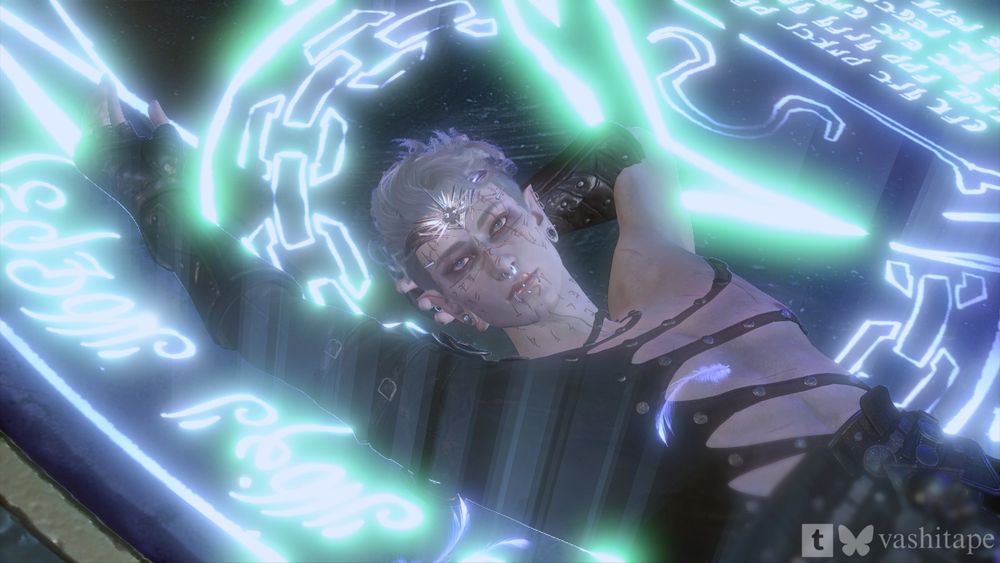 Screenshot from Baldur's Gate 3 showing a handsome young Half-Drow laying on a magically glowing seal