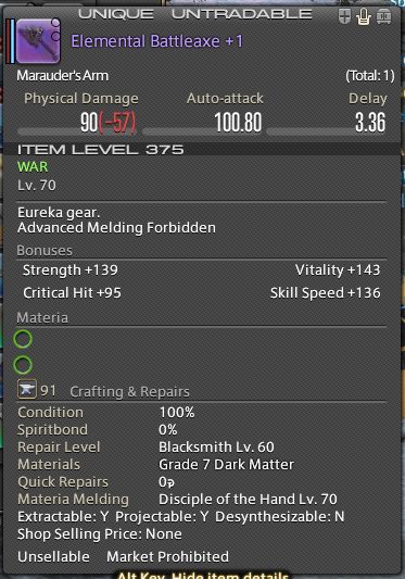 A cropped FFXIV screenshot of the Elemental Battleaxe +1 earned in Eureka Pyros.