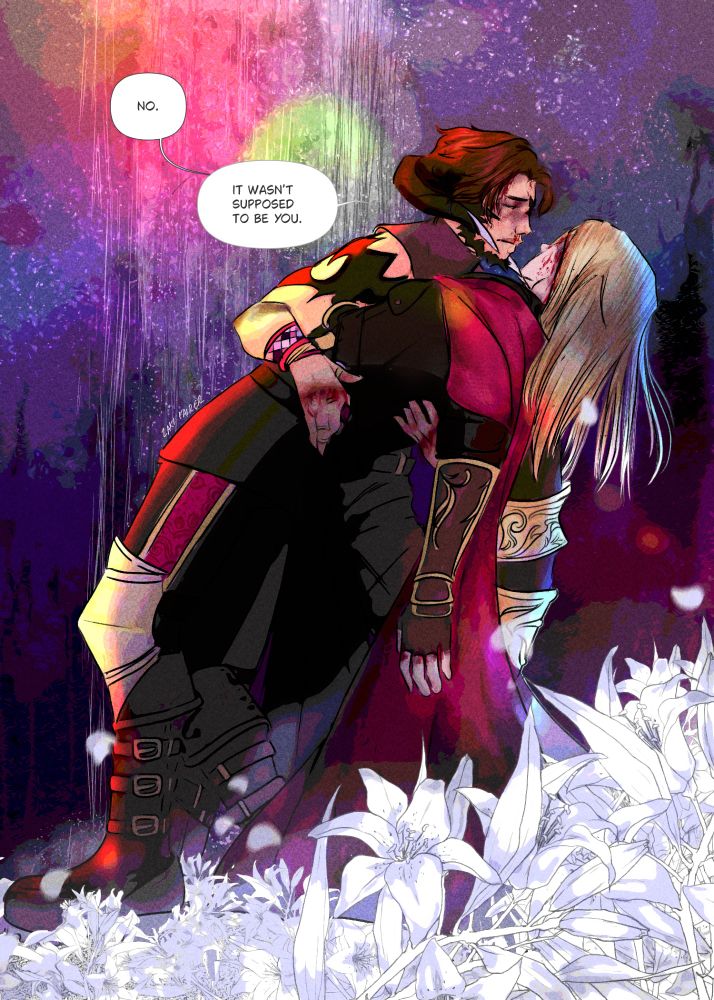 Two characters from Final Fantasy XIV ( FFXIV ). A Xaela au ra, Loire Ejinn cradles Zenos Galvus in a field of Elpis flowers at the edge of oblivion.  Zenos is limp in Loire's arms and his temple and knuckles are bloodied.  Loire has a bruised nose across the bridge and it is bleeding.  His knuckles on both hands are bleeding.  Loire says, "No.  It wasn't supposed to be you," while looking distraught.