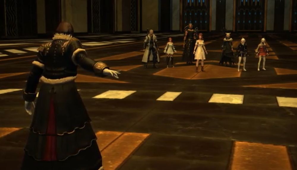 Emet-Selch from behind with his arm outstretched looking upon the Scions