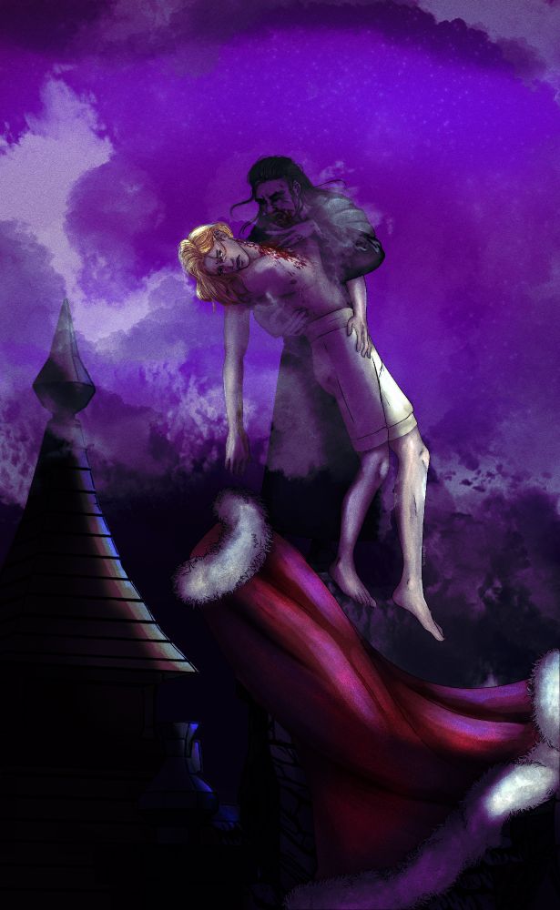 Pictured are two characters from Anne Rice's "The Vampire Lestat", book two in her series, "The Vampire Chronicles."  Lestat de Lioncourt is held above the city in midair, by his maker, Magnus, who wears a black cloak.  Lestat is dressed in his undergarments and drops his red cape that is trimmed in fur from his limp hand.  Lestat's neck and bare chest is covered with his own blood, and Magnus' face, though shrouded in dark, is covered in it as well.  Lestat is held limp in the other's hand, his gaze listless and his head slumped to one side. His yellow hair spills over his shoulder. 