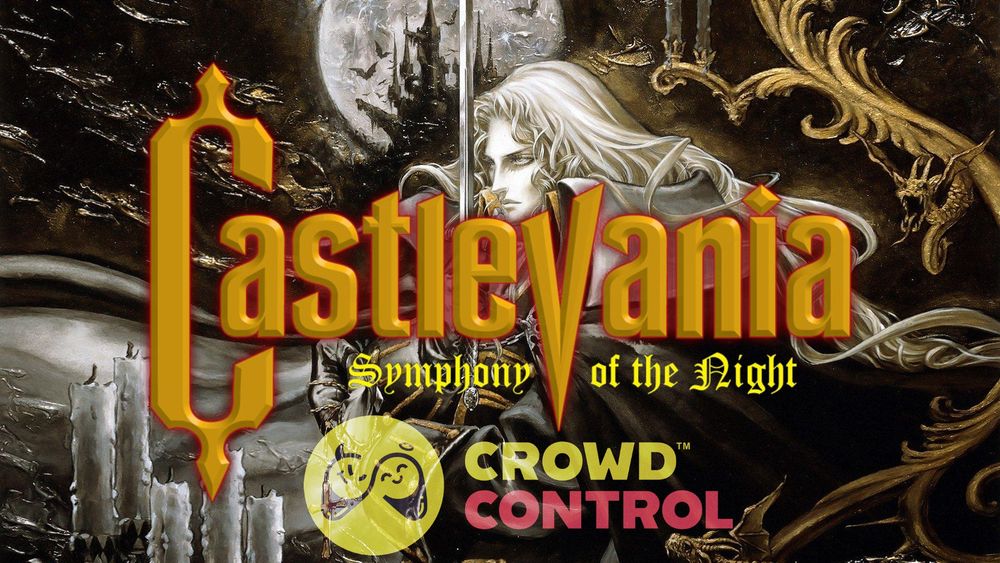 Keyframe artwork of alucard from Castlevania symphony of the night with the moon in the castle in the background as well. The logo for the game and the logo for crowd control imposed onto it 