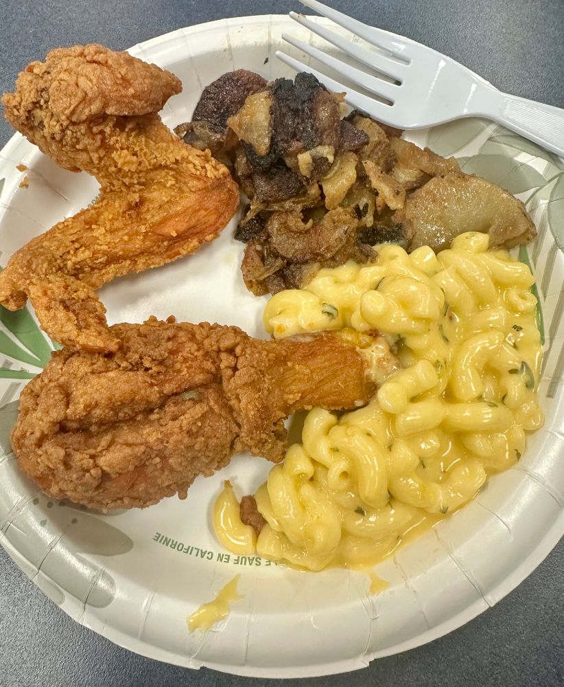 My lunch plate with fried chicken, mac and cheese, and fried potatoes.