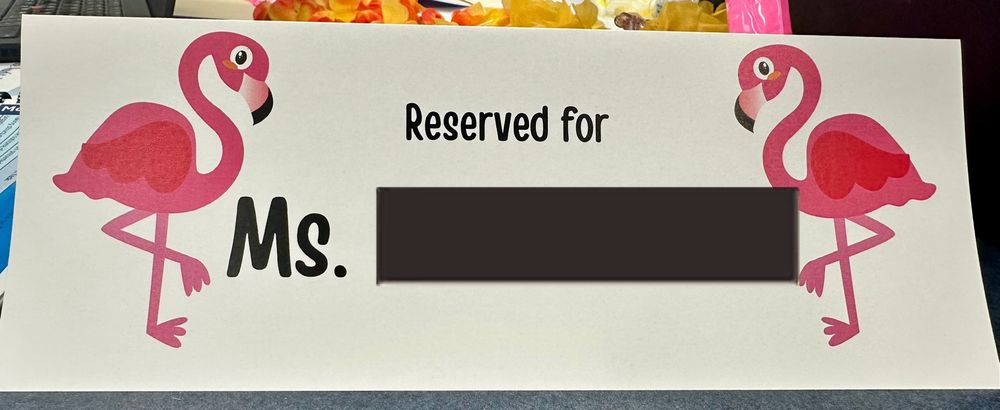 Sign with flamingos on each side that says "Reserved for Ms. (name blanked out)."