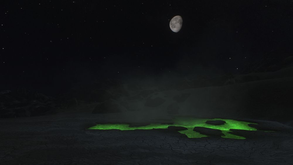 Night has come. The moon watches over a pool of radioactive muck. 