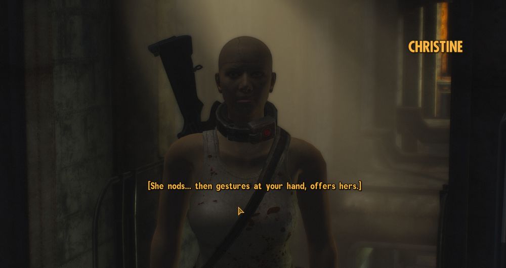 Christine offers her hand to the Courier before they part ways to trigger the Sierra Madre Gala Event. Their lives are still tied to one another, but they are no longer afraid of one another.
[Christine nods... then gestures at your hand, offers hers.]