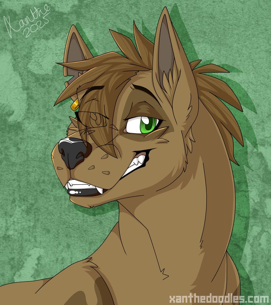 Furry art - bust of a brown feral dog with a mohawk sporting a cheeky grin.