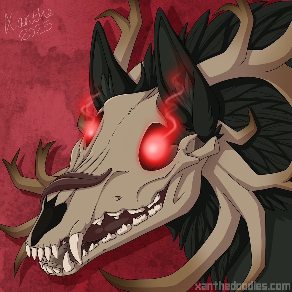 Furry art - headshot of a skull faced cryptid creature.