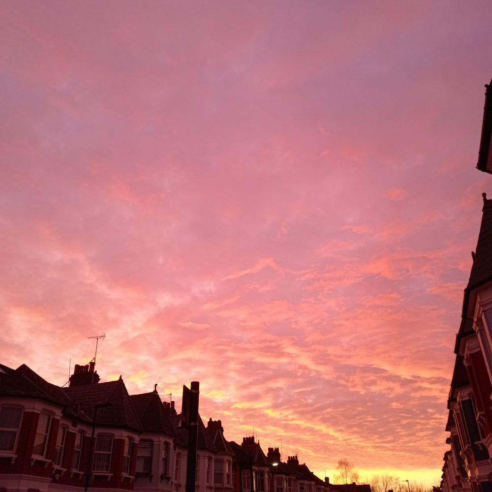 a sunset that looks like a luminous orange blanket, taken from a street