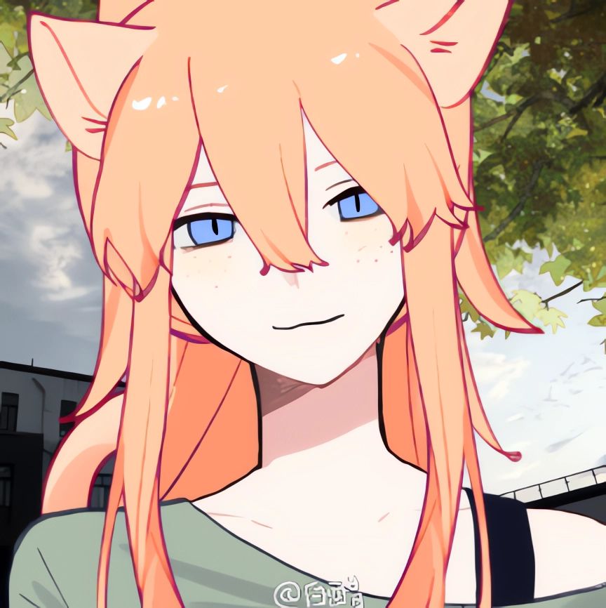 Ember Llywellyn(Leander)
A Signa Ephemor, specifically a Twimorph type Signa(cat type).
Ginger with ponytail and long fringe and cat ears and tail, blue (cat)eyes, freckles, black tanktop with green shoulder over it and off 1 shoulder, gentle yet amused cat-like smile.
Outdoor background with leaves, cloudy sky, and building with a wall.
Neka.cc maker