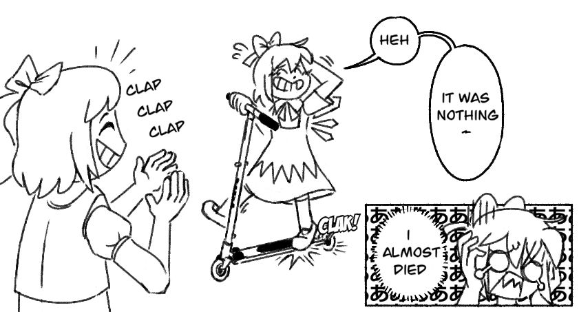 A short girl (Cirno), stamps down onto her scooter's base, and her friend (Daiyousei) applauds her. Cirno bashfully says "It was nothing," but inside she screams since she knows her ankle was in danger from the trick in the previous page.