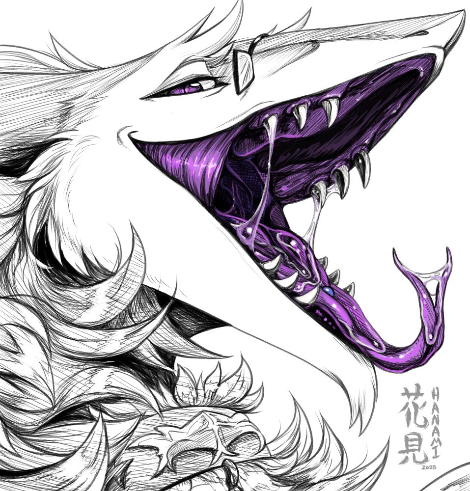 A sergal with their mouth open, blue tongue stud on a forked tongue, purple insides while the outside is left in grayscale