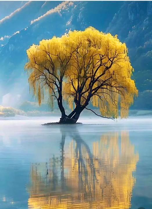 The image depicts a Weeping Willow tree (Salix babylonica) standing in water, with its reflection visible. 