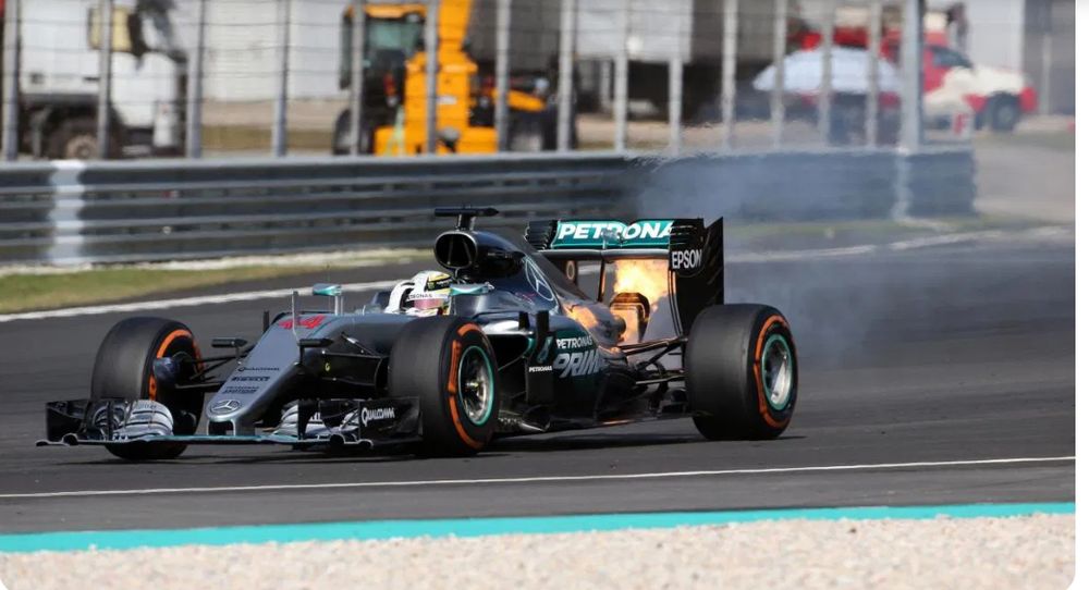 Lewis Hamilton's Mercedes suffers an engine failure during the 2016 Malaysian GP (due to a big end bearing apparently). A rare sight in F1 in the 21st century.