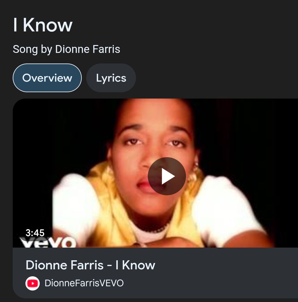 Vevo image capture for Dionne Farris's "I Know" vid