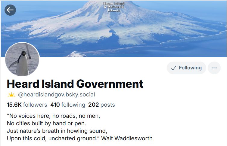 Screenshot of a Heard Island Government account with a PFP of a penguin on snow with a sword raised in one fin.