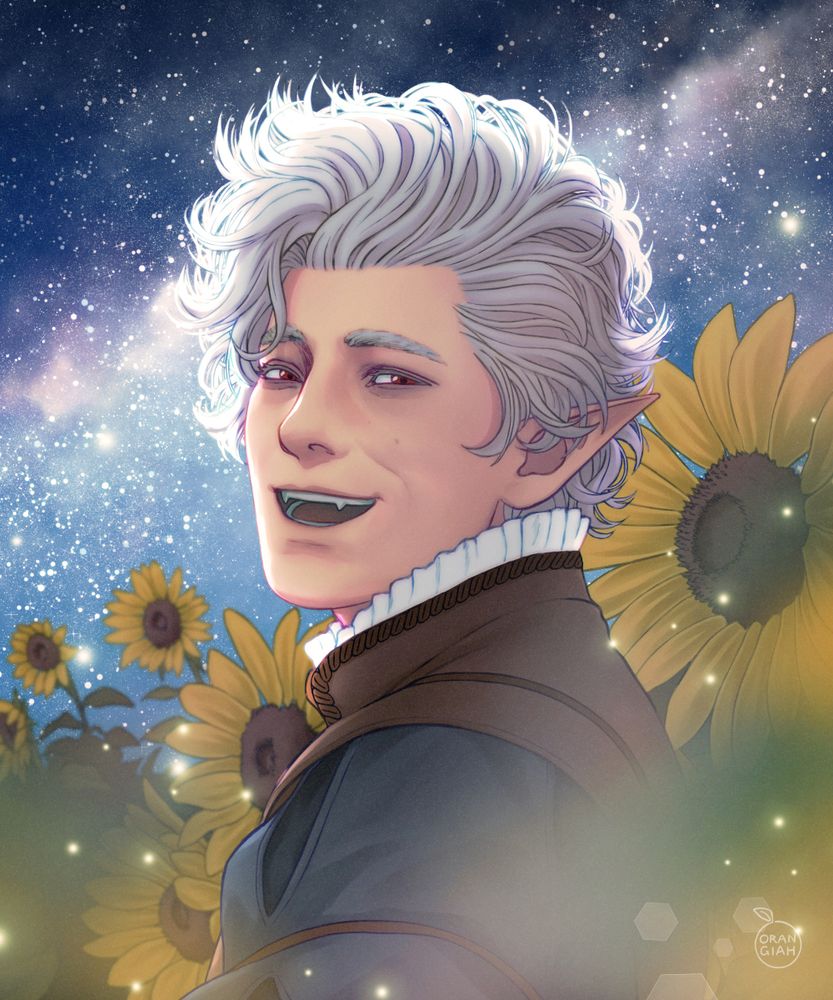 art of astarion in a field of sunflowers at night, looking at the viewer and smiling