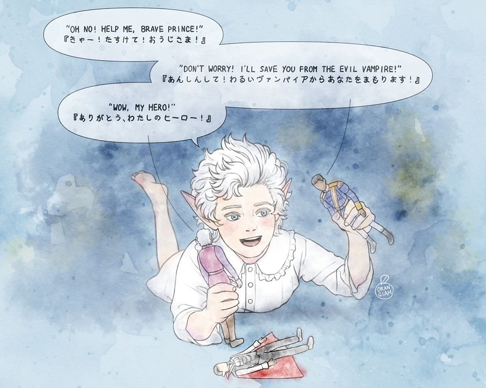 astarion as a young child playing with dolls that look similar to him & wyll as adults, with a cazador-like doll on the ground. he voices the dolls:
"astarion" doll: oh no! help me, brave prince!
"wyll" doll: don't worry! i'll save you from the evil vampire!
"astarion" doll: wow, my hero!
自分とウィルに似た人形で遊んでる幼い頃のアスタリオン。カザドールに似た人形が地面に落ちている。以下人形の声当て：
『アスタリオン』人形「きゃー！たすけて！おうじさま！」
『ウィル』人形「あんしんして！わるいヴァンパイアからあなたをまもります！」
『アスタリオン』人形「ありがとう、わたしのヒーロー！」