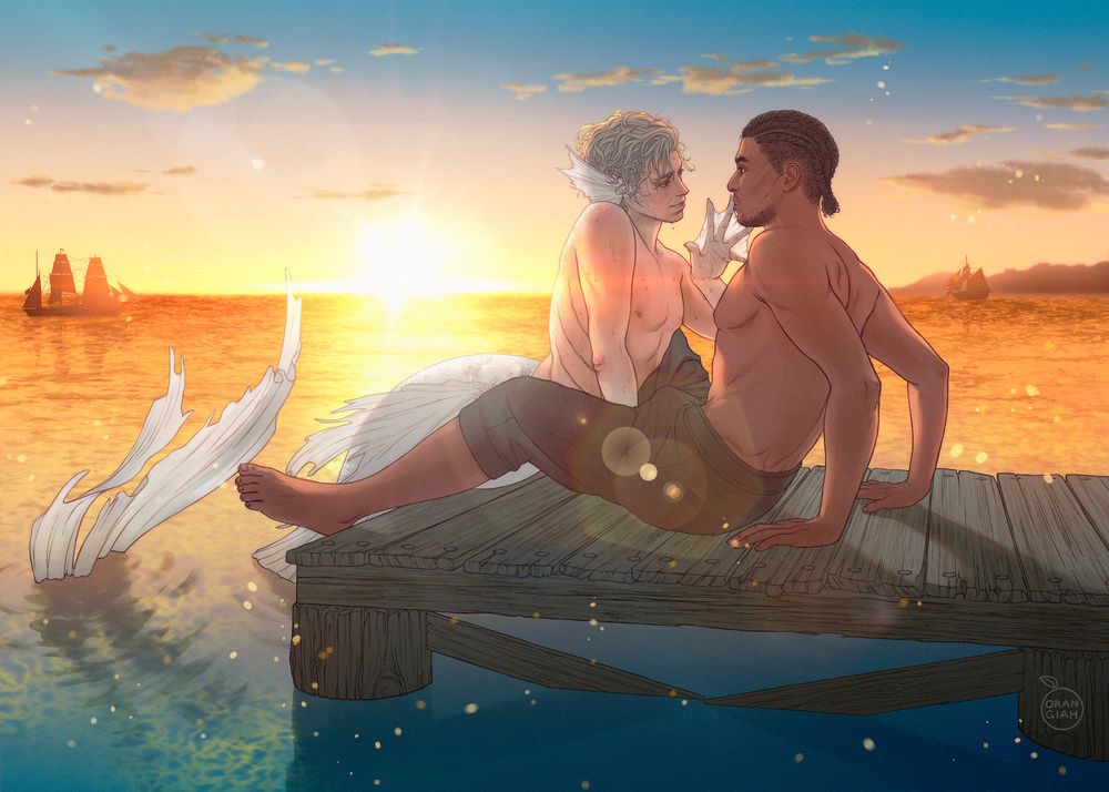 merman astarion emerges from the water; his fins are a translucent white, backlit by the sunset. he leans into a surprised (& hard) wyll sitting on the dock, seductively pressing a fingertip from his webbed hand to wyll's lip.