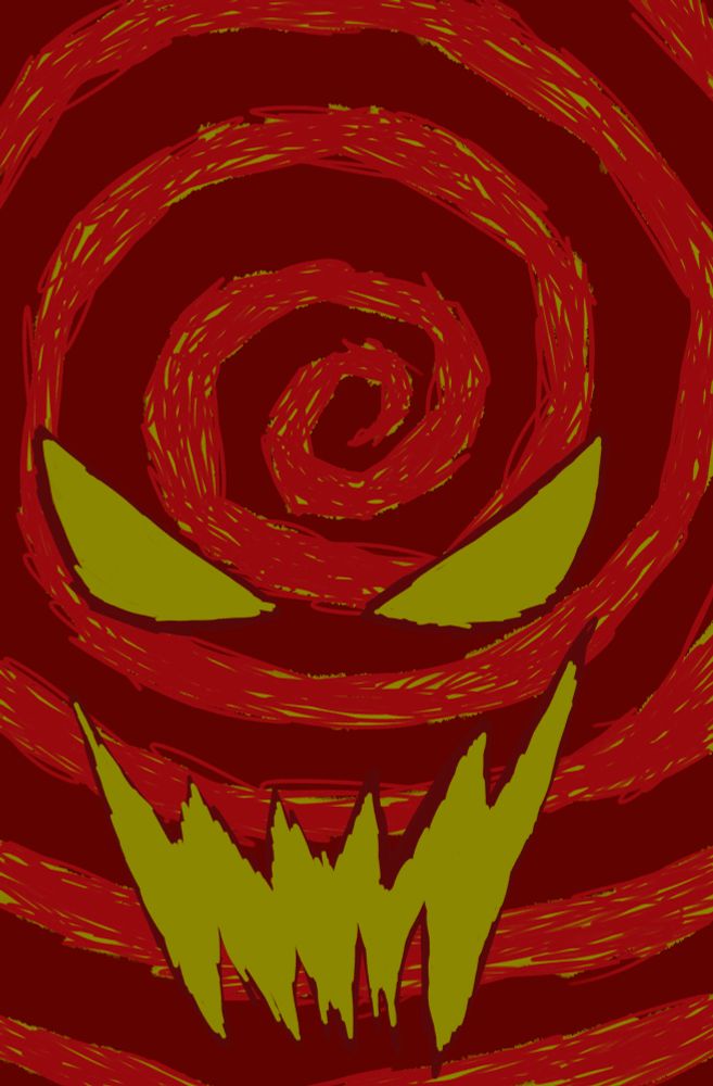 A red spiral with a ghastly face in front of it