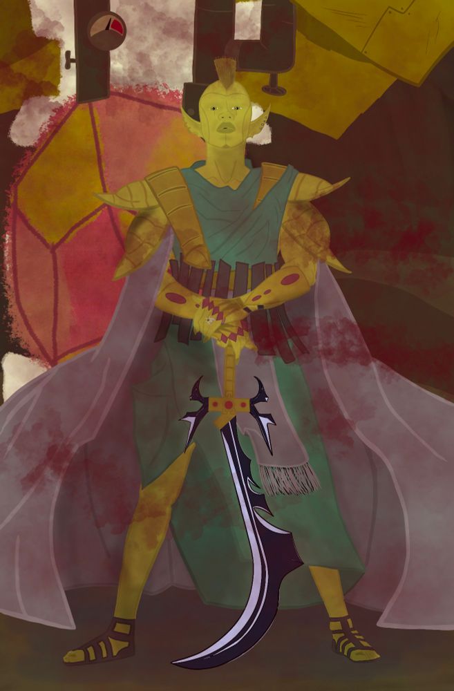 Indoril Nerevar (from The Elder Scrolls 3: Morrowind) stands amidst the clouds of disease before the Heart of Lorkhan with his sword Trueflame