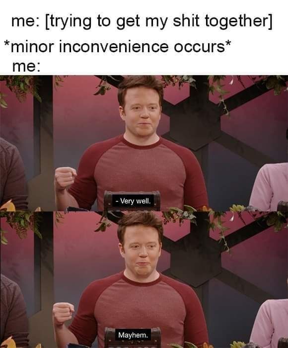 Me: [trying to get my shit together]
*Minor inconvenience occurs*
Me:
Stills from Dimension 20 where Brennan Lee Mulligan says "very well. Mayhem"