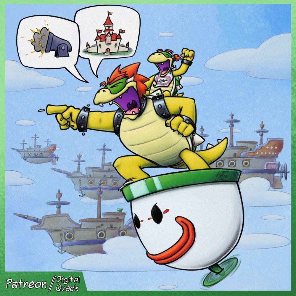 A painting of Bowser standing in his Clown Copter. He points ahead and enthusiastically shouts. His speech is shown as icons, the first an erupting cannon, the second, Princess Peach’s castle.
Bowser Jr rides on Bowser’s shoulders, punching the air joyously. Behind them both is a fleet of Koopa airships amongst the clouds, ready to head into the Mushroom Kingdom.