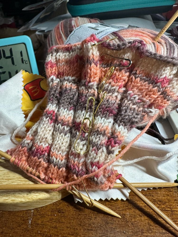 2年ぶりくらいに棒針でスパイラルソックス編んでます。根気よく進めないと完成しないから、向き合えてなかったんだよねぇ。