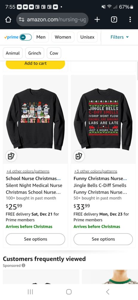 Ugly christmas sweater for nurses: swestshirt with picture of bottles labeled propofol and Ativan and says "Silent Night."