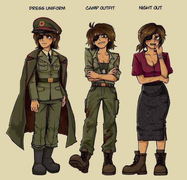 A concept drawing of a female character with an eyepatch in dress uniform, a camp outfit, and a night out outfit.