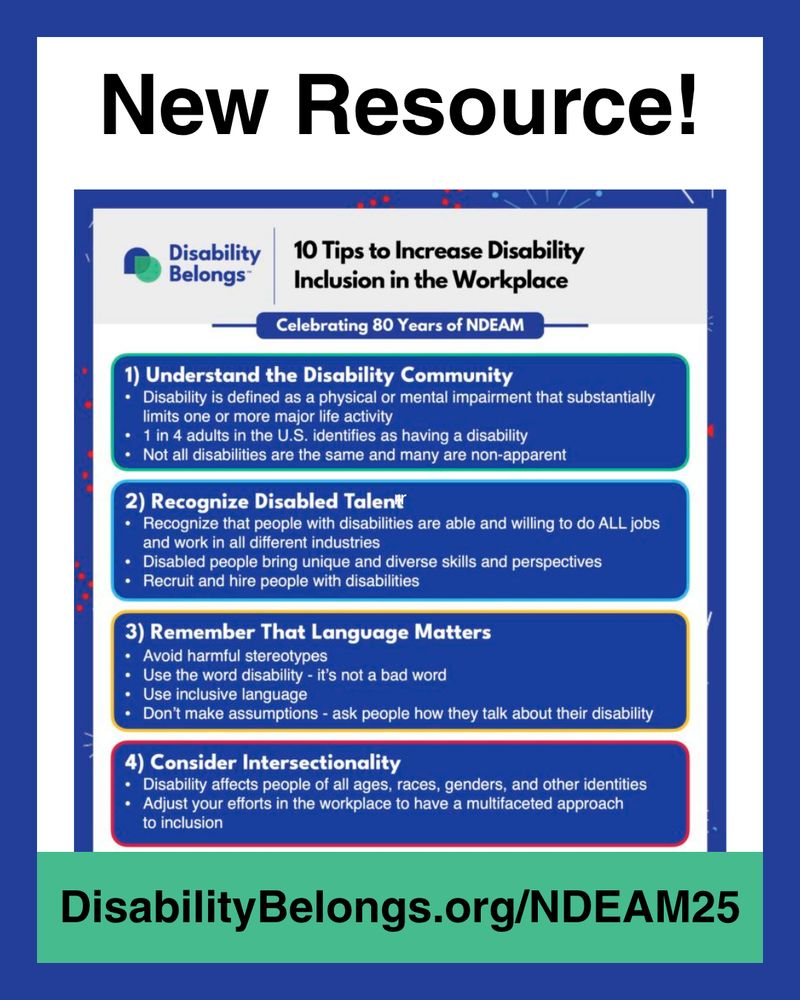 graphic advertising 10 tips to increase disability inclusion in the workplace resource for the 80th anniversary of NDEAM. includes a screenshot of the PDF version with the first 4 tips on it, and the URL in the post copy.