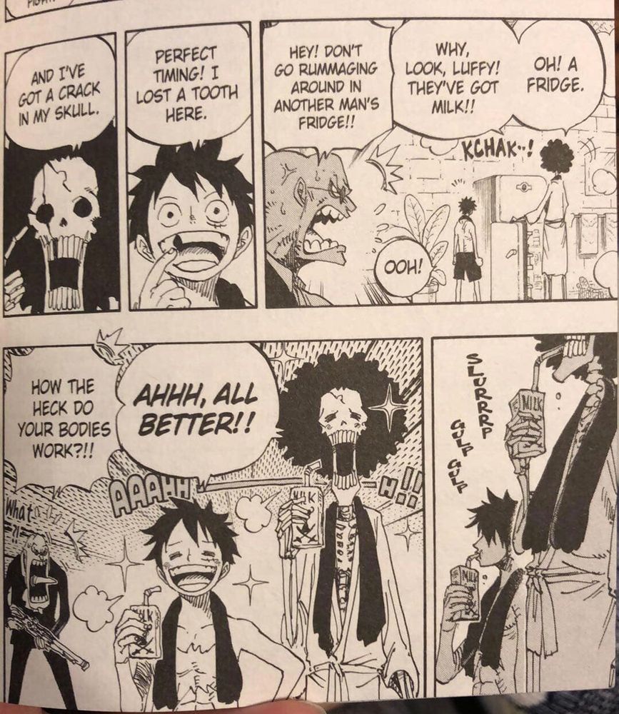 Luffy (Future King of the Pirates) and Brook (Funny Tall Skeleton with an Afro) raid a fridge for milk and it somehow replaces and heals their missing bones. Bystander pictured; confused. 