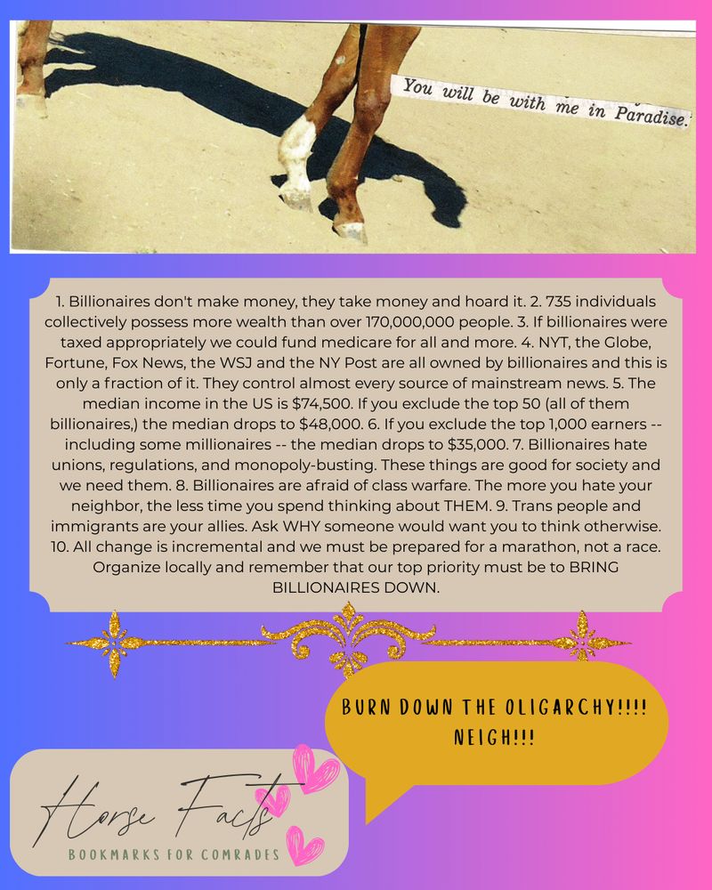 A promotional spread of the HORSE FACTS bookmark reading "You will be with me in paradise." The HORSE FACTS full text can be found on my original post (see quote tweet!). At the bottom of this poster is a speech bubble reading "BURN DOWN THE OLIGARCHY!!! NEIGH!!!" with the "Horse facts: Bookmarks for Comrades" label.