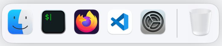 Finder, iTerm, Firefox, VS Code, System Settings だけが表示されているドック