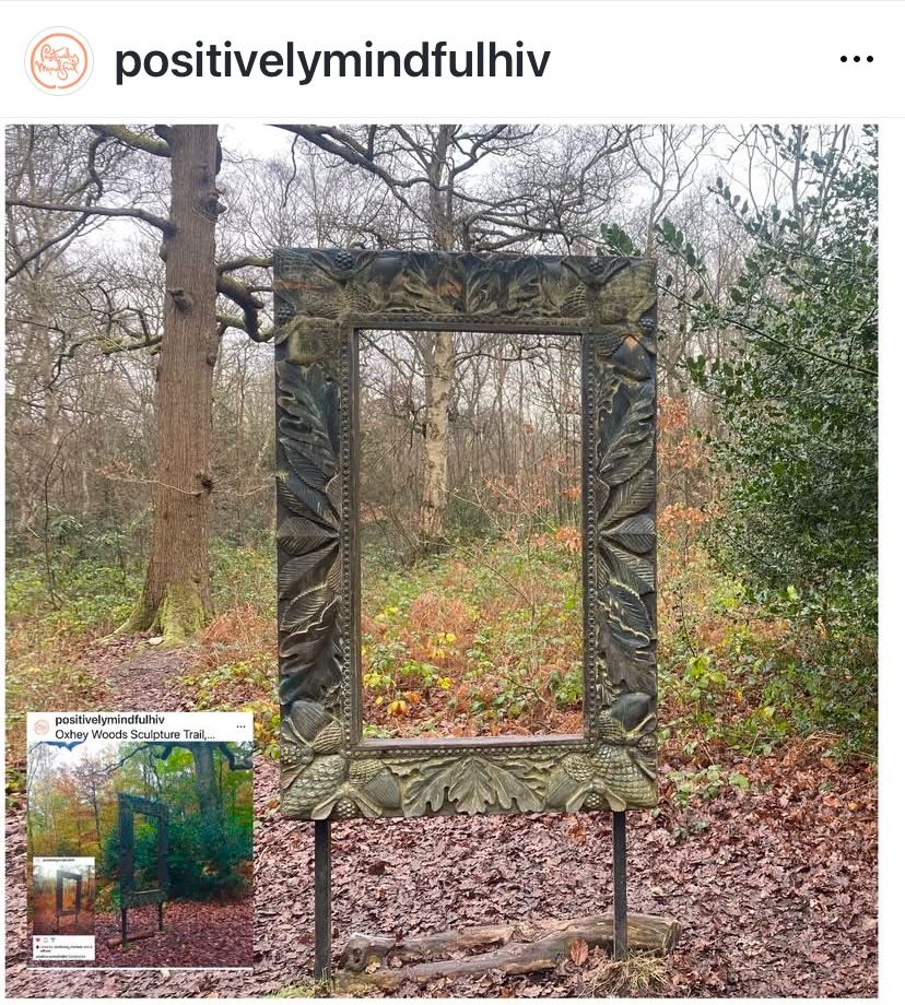 3 screen shots of my instagram page taken in 2015 2020 and 2025 allowing me to reflect and reframe. The image is a carved wooden frame in a sculpture park which is oak leaves and acorns. 