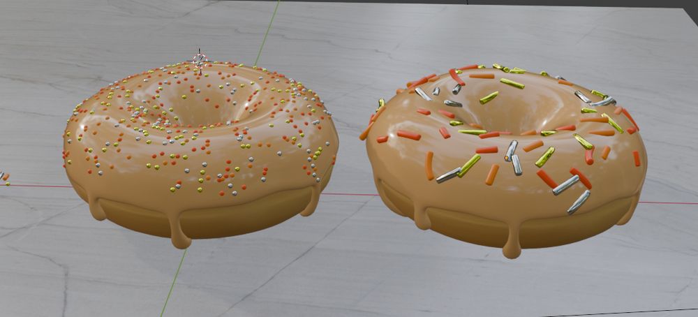 Two maple frosted donuts with gold, silver, red and orange sprinkles on a marble surface. It's a screenshot from blender
