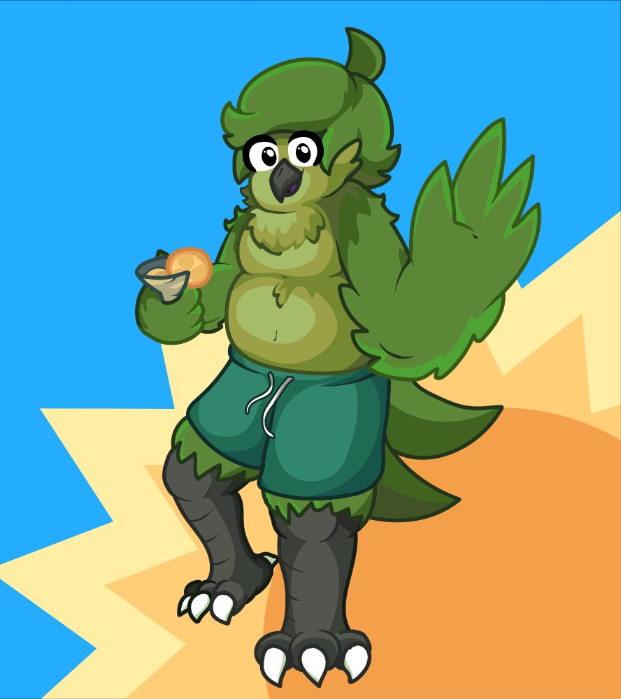 Plague Birb, shirtless with swim trucks, waving and holding a type of cocktail, preferably in context being a Pina Colada.