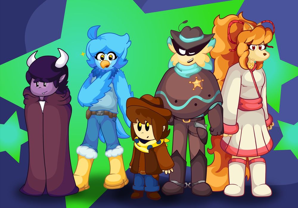 A starry background with green and indigo, with Dalv, Martlet, Clover, Starlo and Ceroba respectively standing. Dalv is hunched and quiet, Martlet is cheery and excited, Starlo is proud and ego-ridden, and Ceroba is reserved and tolerant.