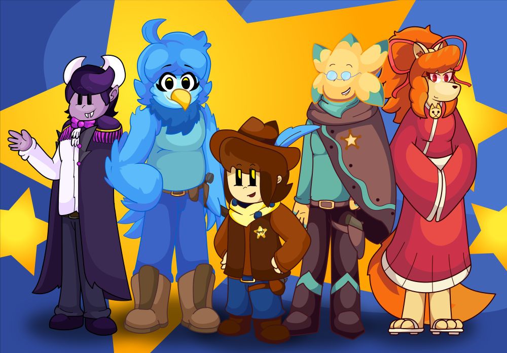 Ditto, but everyone has grown with age, along with the background being golden and blue.

Clover now is proud and dawns the Deputy Badge Starlo gave them, along with wearing their hat with Martlet's feather on it.

Dalv is happier and in a conductor outfit waving.

Martlet is tall and holding a hammer just behind Clover, wearing work boots, and has put on some healthy weight. She is also noticeably calmer and mellowed out.

Starlo no longer wears his hat and is humble. He now wears a half poncho and appears more like a 'Papa' Starlo.

Ceroba is now more content and less tense, wearing an inverse color kimono to symbolize the change in her life by accepting what life has given her. She is smiling.