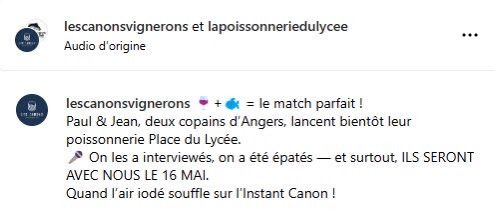 Capture d'écran où les vignerons des Canons annoncent la venue de la Poissonnerie du Lycée à un de leurs évènements à venir le 16 mai.