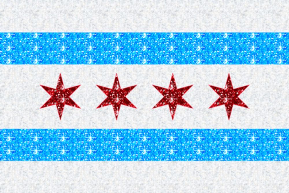 a chicago flag with four red stars on a white and blue background